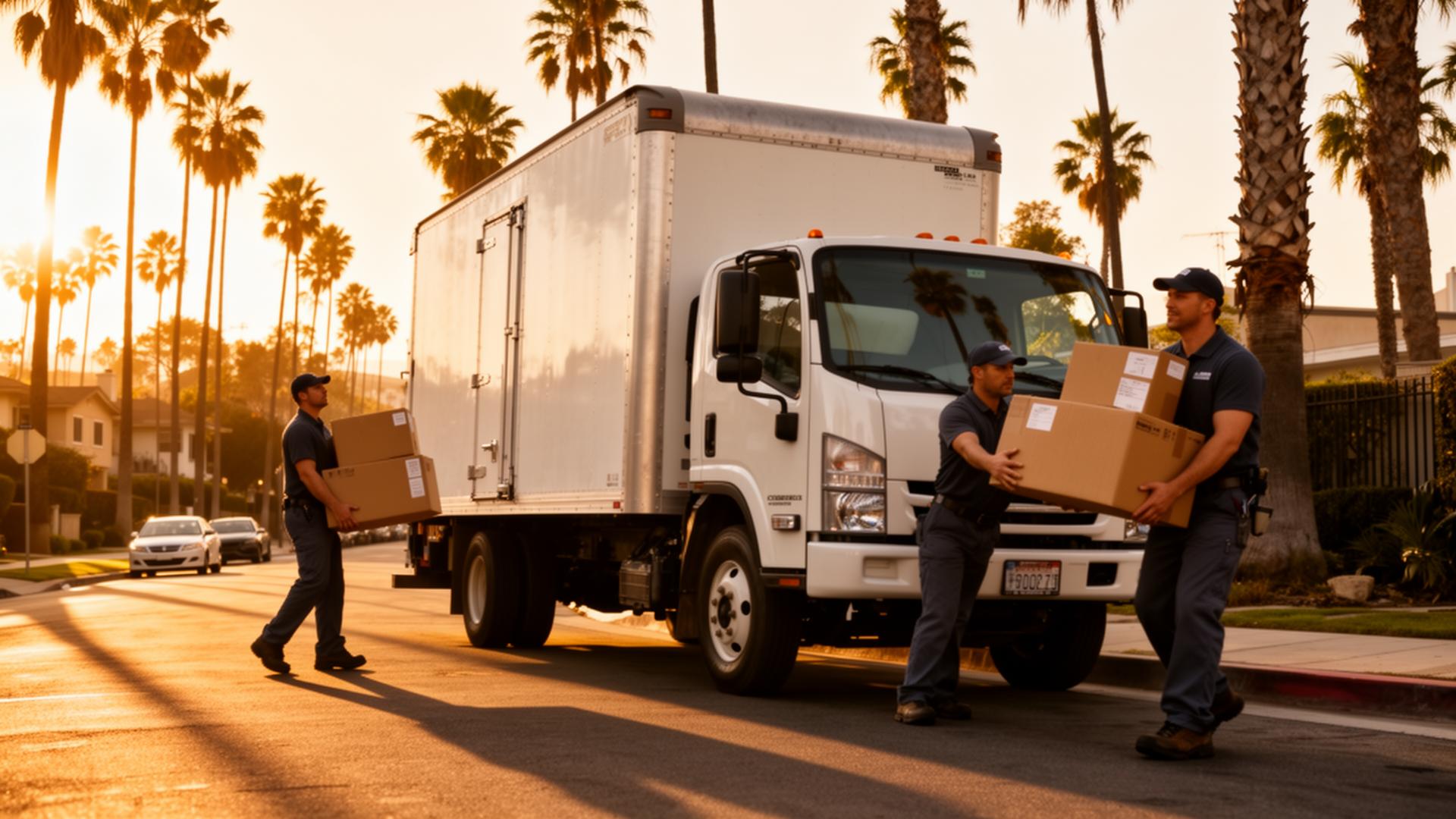Professional LA movers loading a moving truck at golden hour